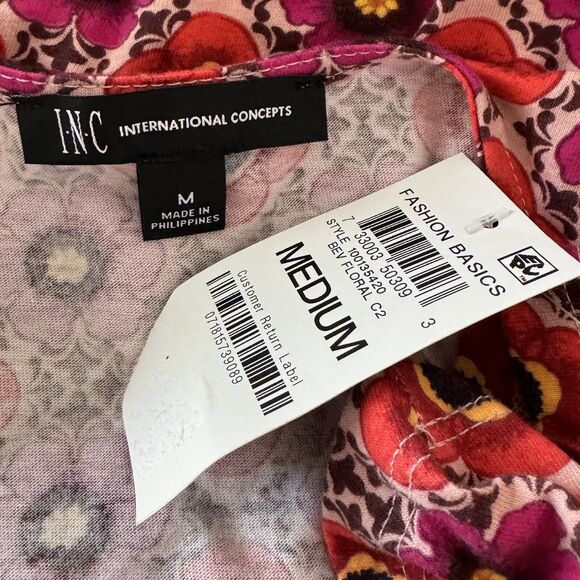 INC Medium Top Floral Geometric Surplice V-Neck Cap Sleeve Ruched Stretch Multi - Picture 8 of 10